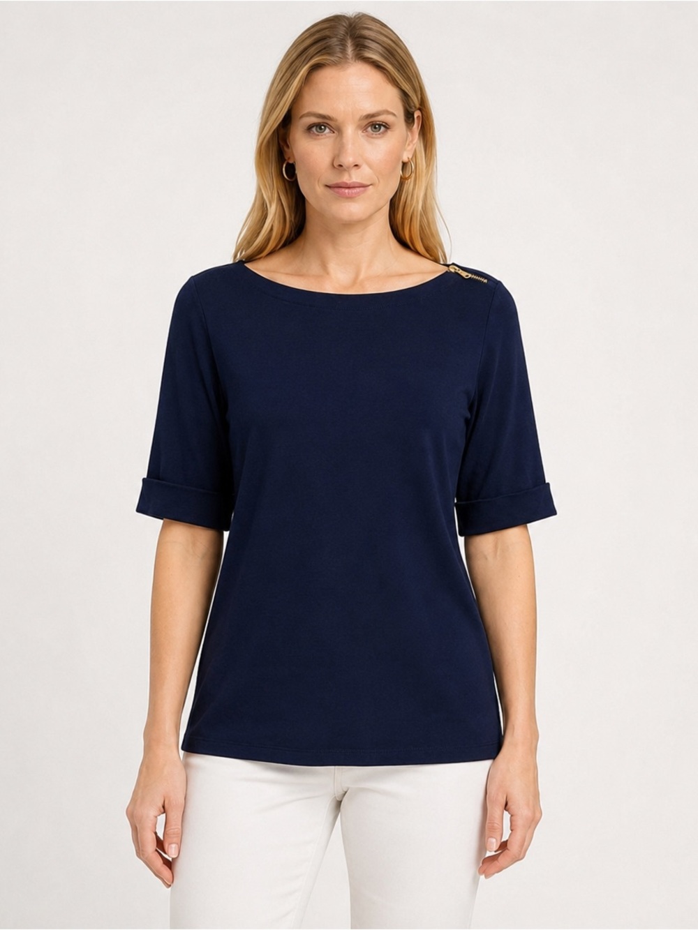 Ralph Lauren Navy Elbow-Sleeve Boatneck Top with Gold Button
